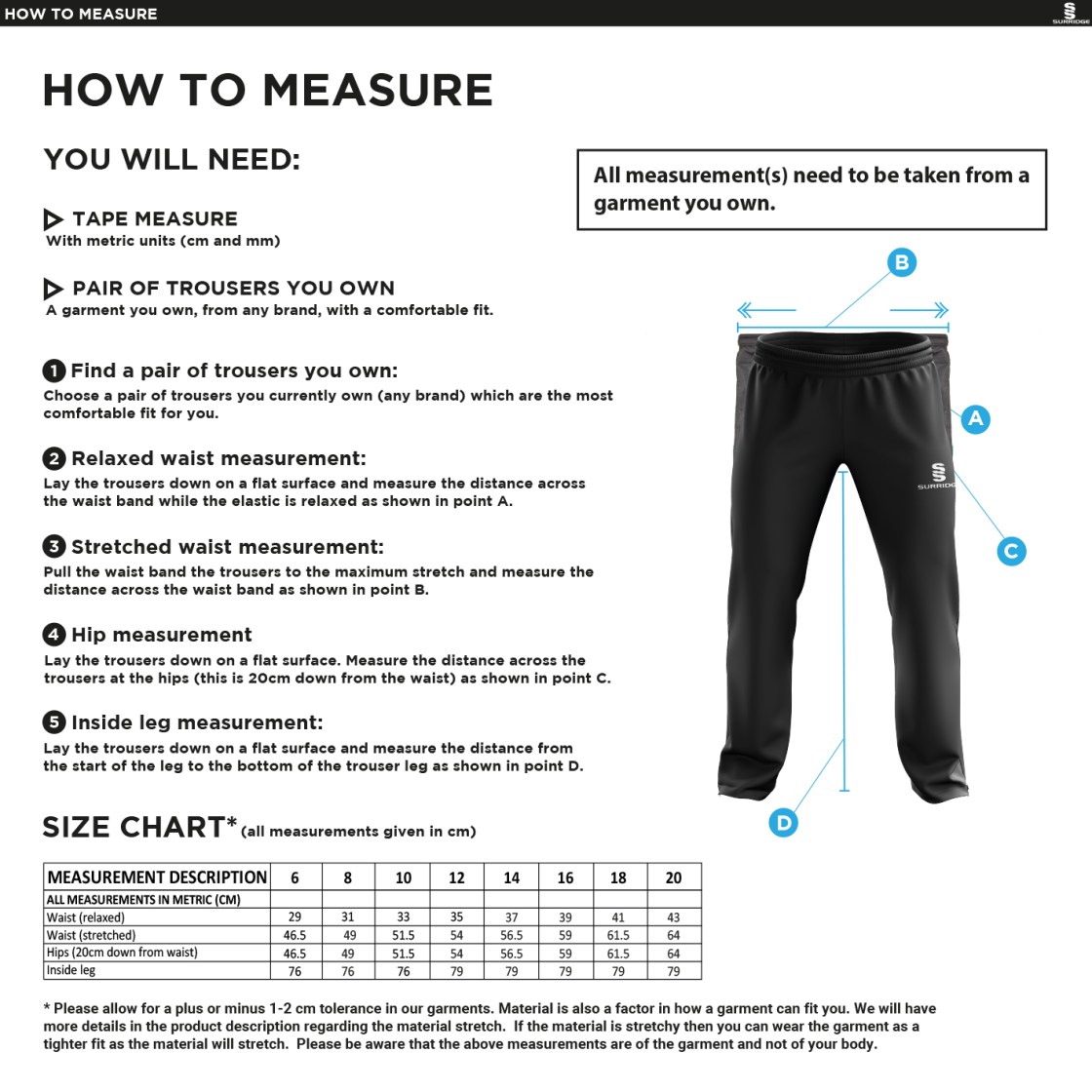 City of Ely CC - Women's Ripstop Track Pant - Size Guide
