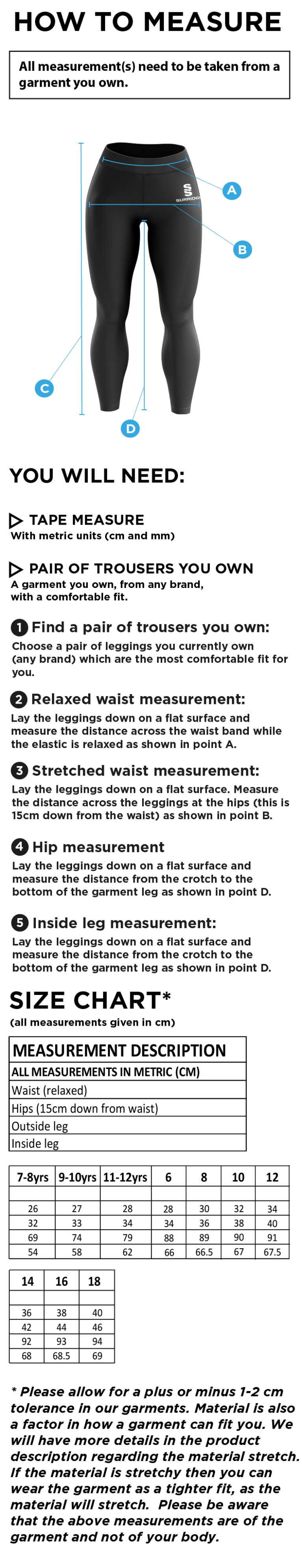 City of Ely CC - Performance Full Length Leggings - Size Guide