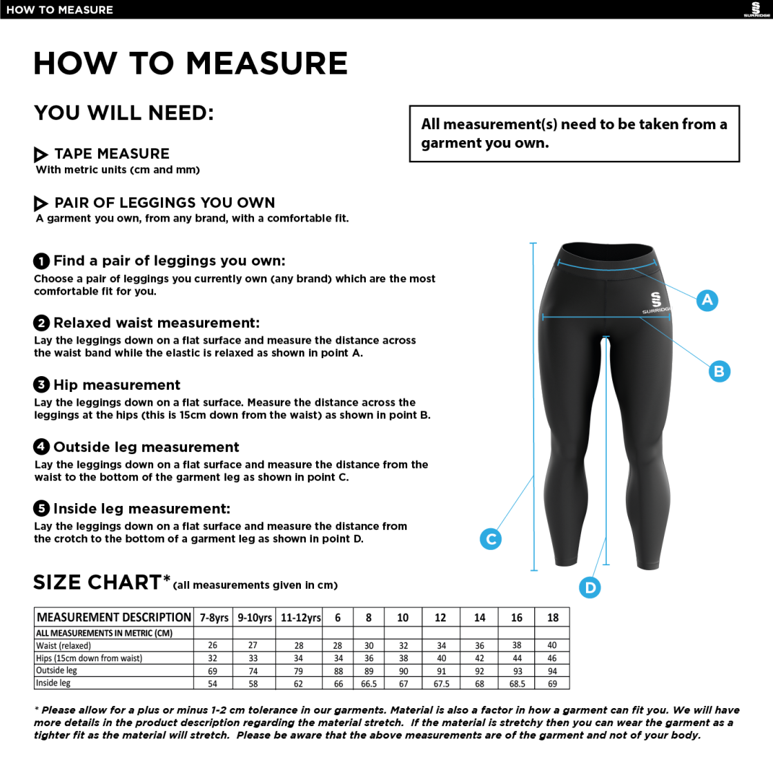 City of Ely CC - Performance Full Length Leggings - Size Guide