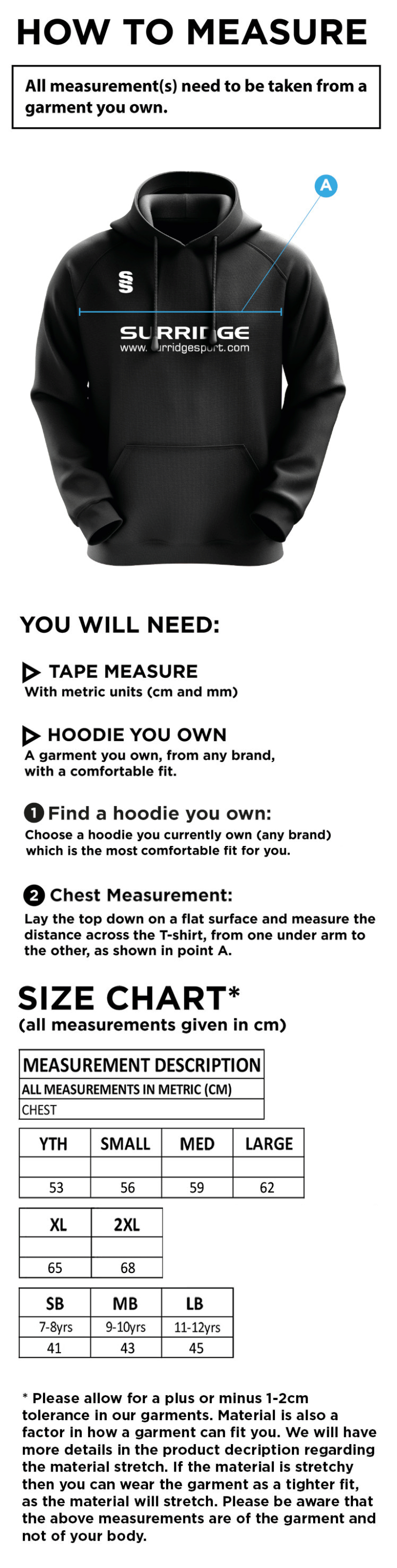 City of Ely CC - Blade Hoody - Size Guide